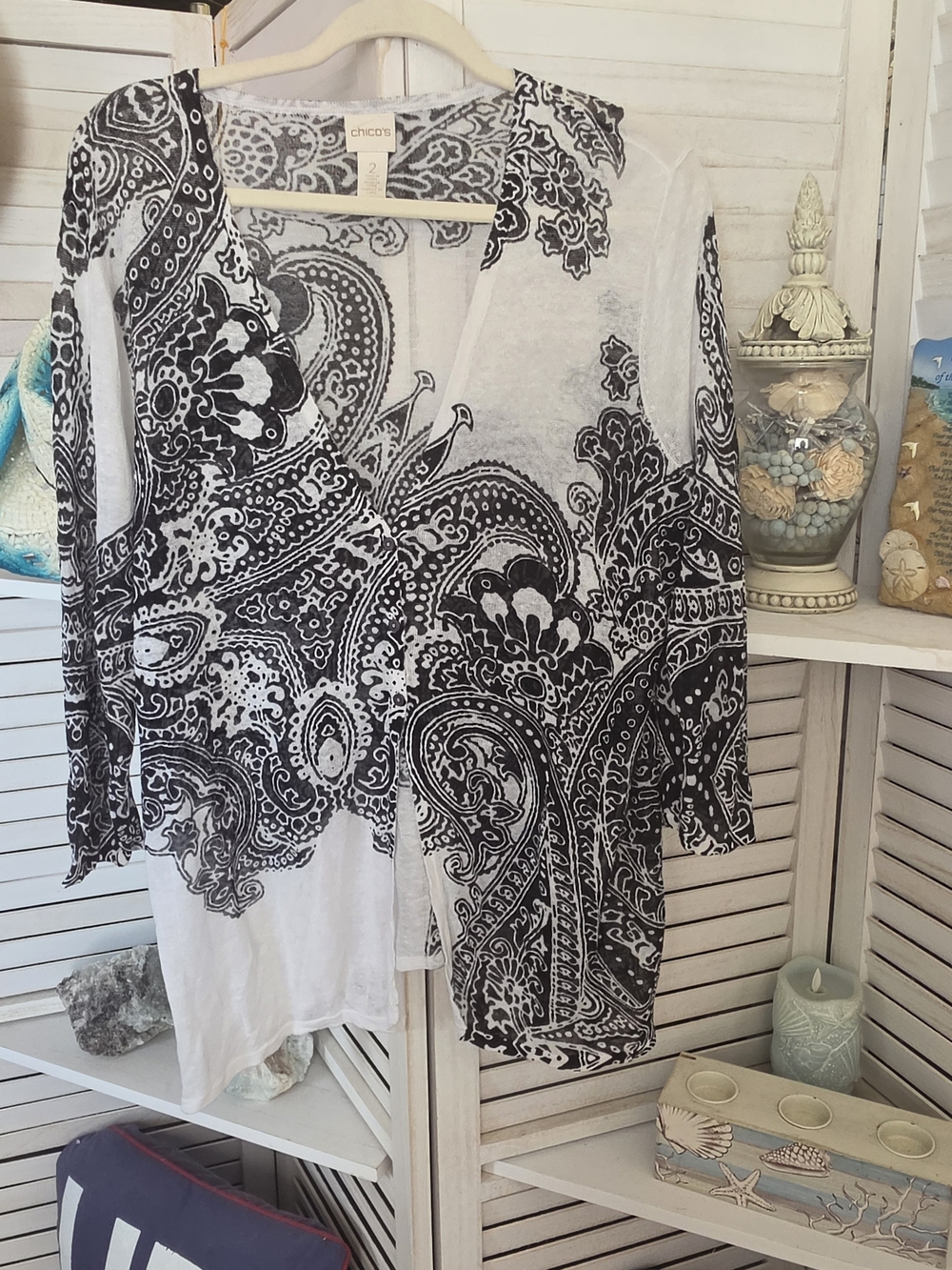 Chicos Paisley Lightweight Cardigan SZ 2 Large Semi Open, 3/4 Sleeves